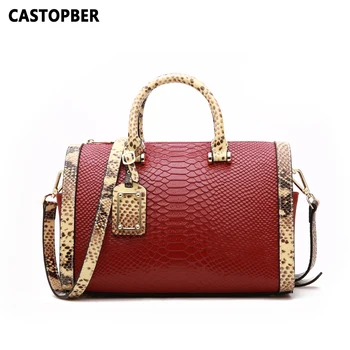 

New Hot Sale Women's Handbags Boston Bag Luxury Brand Split Leather Python Pattern Ladies Shoulder Bags Female Tote High Quality
