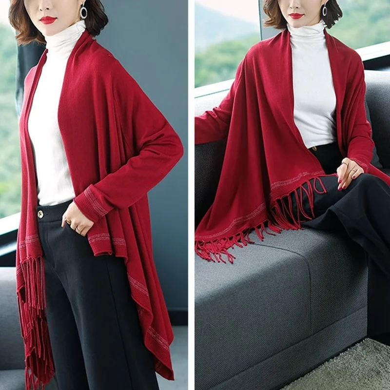 Vintage Ethnic Style Irregular Sweaters Cardigan Women Colorful Tassel Knitting Shawl Sweater Outwear Loose Knitwear AA5049