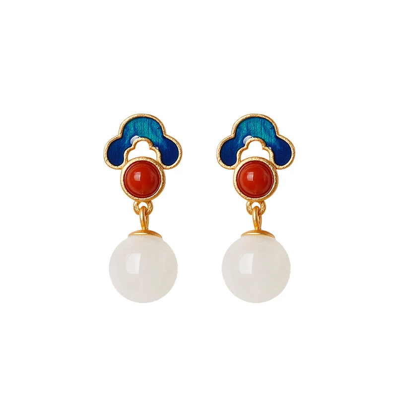 925 Sterling Silver Pin Original Design of New Products Gold Plated Natural Hetian Jade Enamel Auspicious Cloud Earrings | Украшения и