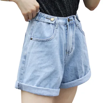 

Summer New Shorts High Waist Loose Light Color Denim Shorts 2019 Women Streetwear Wide Leg Black and White Shorts