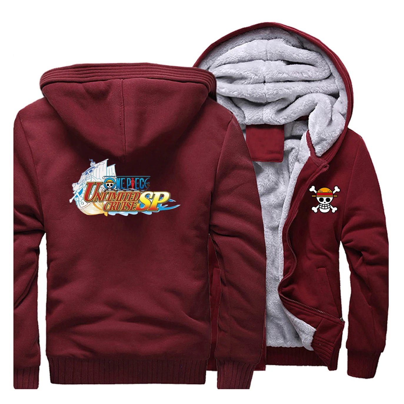 Wine Red Один Кусок Луффи японского аниме толстые толстовки Мужская куртка пиратский король пальто Мужская осень зима толстовка флис теплый уличная одежда - Цвет: Wine Red