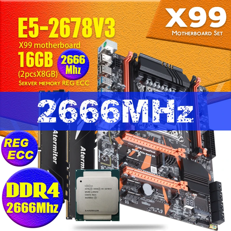 x99 комплект Материнская плата atermiter X99 DDR4 PC4 Xeon E5 2678 V3 CPU 2678V3 2 шт.X 8 ГБ = 16 2666 МГц