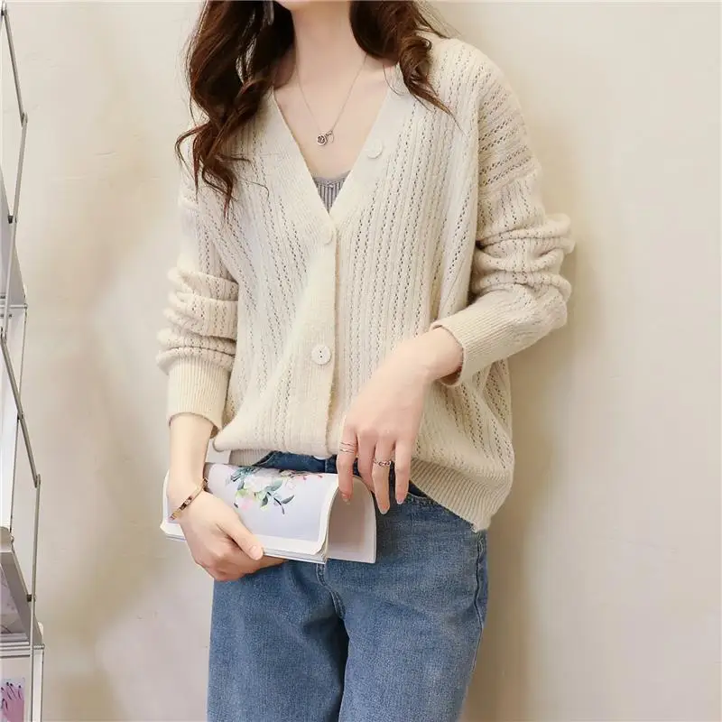 

Spring Autumn Women Long Sleeve Cardigan Single Breasted Casual V-neck Knitted Sweaters Female Korean Style Elegant Basic Tops