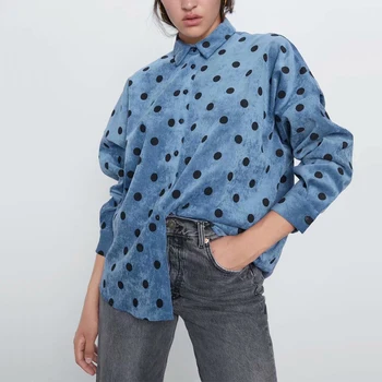 

Autumn and winter women's shirt casual dot print lapel long sleeve loose corduroy shirt