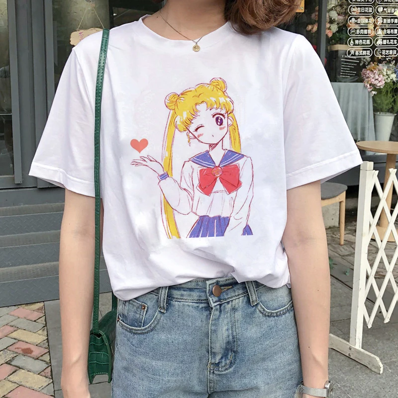 Kawaii Sailor Moon футболка Женская Harajuku Ullzang мультфильм 90s Милый принт гранж в Корейском