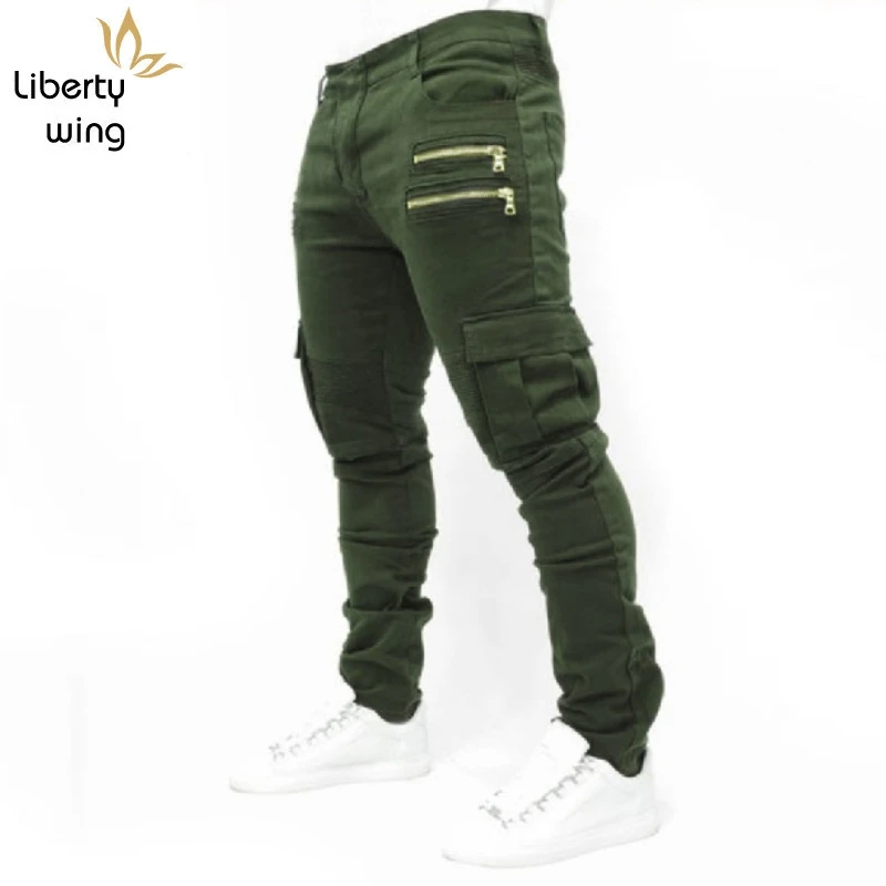 

New Dry Mens Pocket Full Length Men Hip Hop Joggers Pants Plus Size Trousers Male Zipper Fold Stretch Jeans Cotton