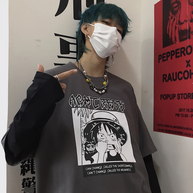 2020 Fashion Thin Fake Two-Piece Anime Long-Sleeved T Shirt Streetwear Kpop Couple Clothes Hip Hop One Piece Print Tops Male