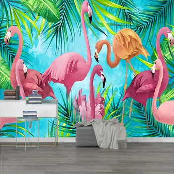 

Custom Self-Adhesive Waterproof Wallpaper Modern 3D Hand Painted Tropical Plants Pink Birds Anmail Mural 3D Waterproof Stickers