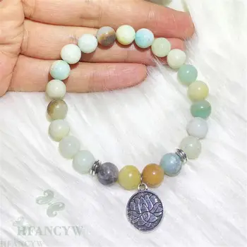 

8mm Amazon Stone Lotus Pendant Mala Elastic Bracelet Meditation Religious Chakra Spirituality Bangle Japa