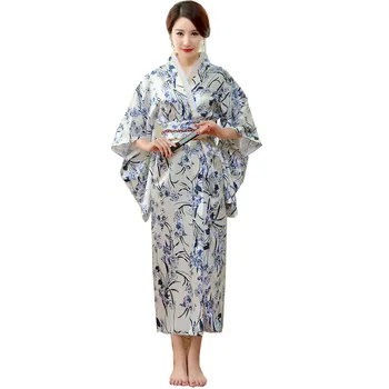 

Japanese Traditional Women Silk Rayon Kimono Vintage Yukata With Obi Performance Dance Dress Halloween Costume One Size HL05