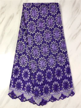 

Fashions high quality purple African cotton dry lace dress embroidered stones fabric for wedding party 5yards FP825