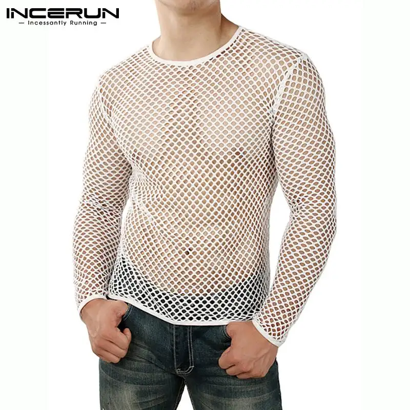 2023 Fashion Men T Shirt Mesh Transparent Sexy O neck Long Sleeve