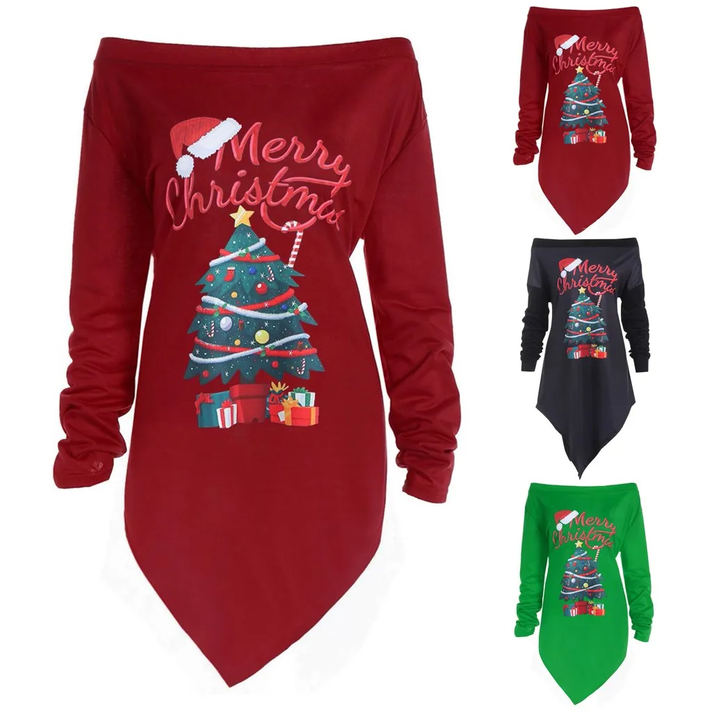 Рождественский принт, женское платье с буквенным принтом, Осень-зима, женские сексуальные платья с открытыми плечами, Рождественская елка, длинный рукав, рубашка, Платья для вечеринок
