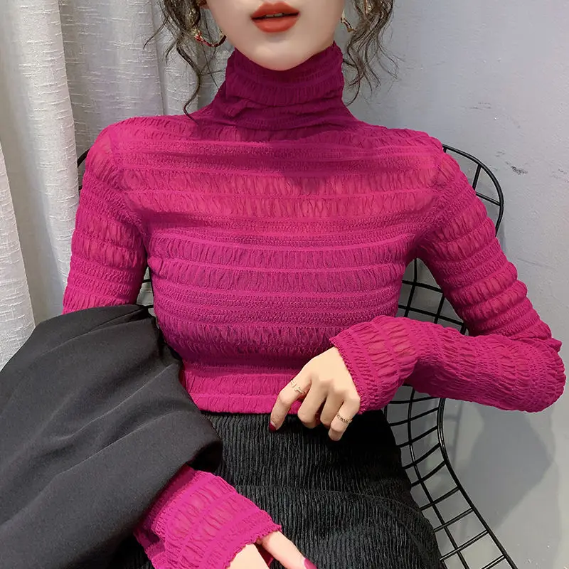 Tops transparentes de malla para mujer, Tops sexys de manga larga, cuello alto fino