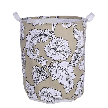 

Light grey large size cotton linen dirty clothes laundry basket White peony printed home toys storage organization basket