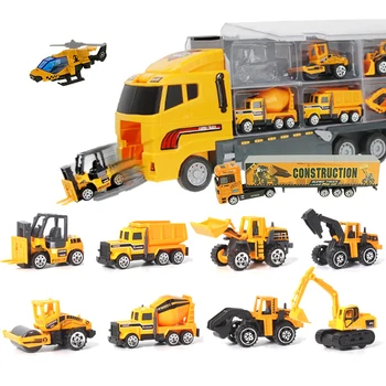 

12pcs/set 2in1 Mini Diecast Alloy Car Model Engineering Toy Vehicles Carrier Truck with Ejection & Carry Function Xmas Gift