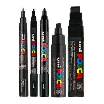 Juego de 5 unidades de rotuladores de pintura mixta, paquete de lápiz, Color negro, POSCA, en Varios tamaños PC-1M/3M/5M/8K/17K, 1 marcador/tamaño, marcador permanente