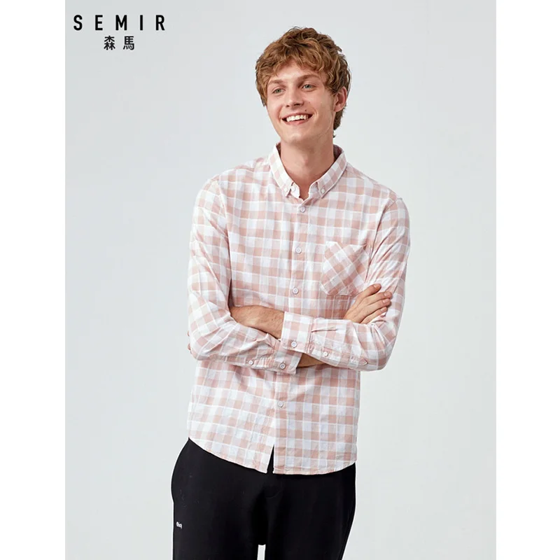 SEMIR мужская клетчатая рубашка, мягкая хлопковая рубашка с отложным воротником, Мужская модная рубашка с зауженной талией на весну