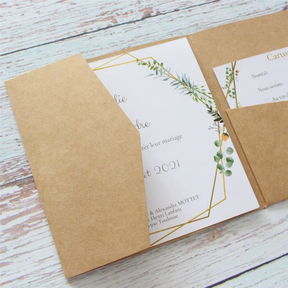 Wedding Invitations Tri-Fold Pocket Save The Day RSVP Invites Personalized Text Printing Pearl Craft Paper Multi Colors