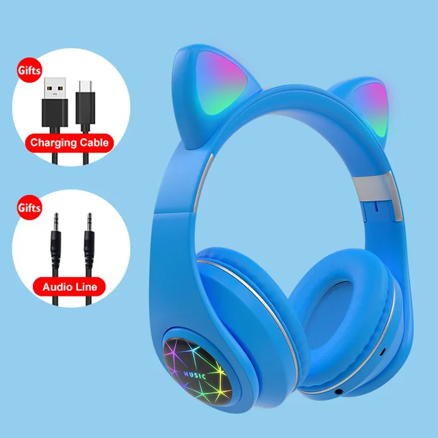 Cute Cat Bluetooth Headphone With Microphone Colorful LED Cosque Girls Music Cascos For Huawei iPhone Xiaomi Children Kids Gifts