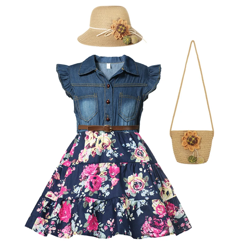 

New Sundress Girls Cowboy Jean Denim Bow Floral Dress Summer Clothing Elegant Princess Party Clothes Children Fashion Outfit