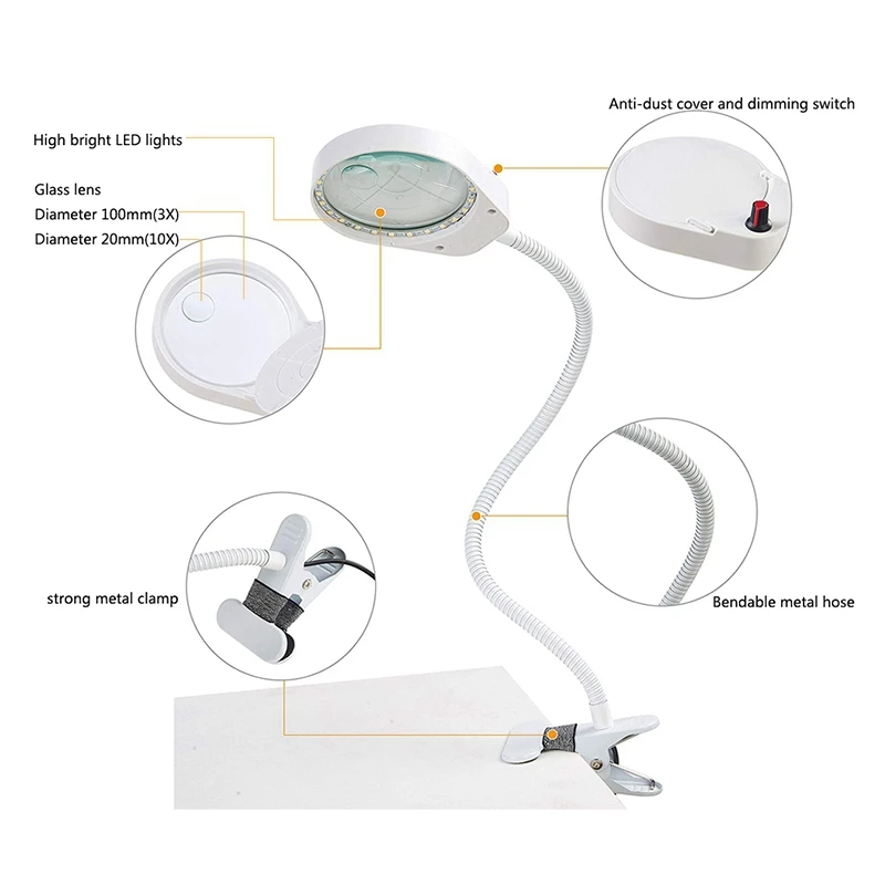  for Reading Repairing Embroidery Magnifier Led 3X/10X Magnifier Table Light Dimmable Brightness Adj