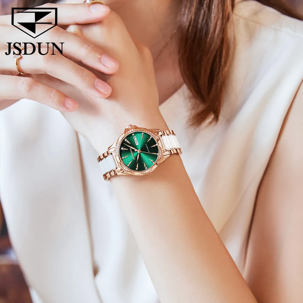 JSDUN Women Mechanical Watch Rose Gold Stainless Steel Ceramics Strap Dress Watches Fashion Luxury Brand Women's Automatic Watch