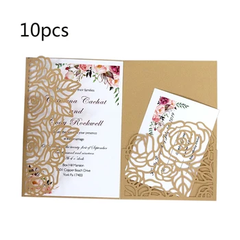 

10pcs Tri-fold Laser Hollow Plane Rose Dark Blue / White / Dark Red / Beige Gold Pocket Wedding Business Invitation Card