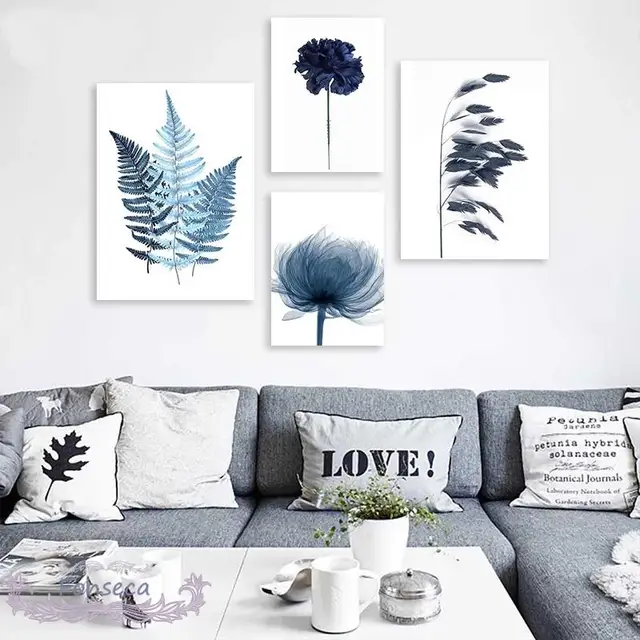 Watercolor Blue Botanical Leaf Poster Minimalist Nordic Flowers Plant Canvas Painting Wall Art Pictures for Living Room Decor 2
