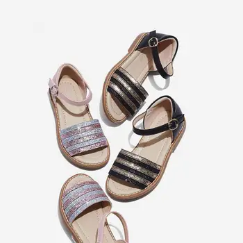

Summer Fashion Girls Kids Children Sandals Bling Sequin Mixed Color Stripe Minima Shoes Soft Sole Sewing Wear-resistant No-slip