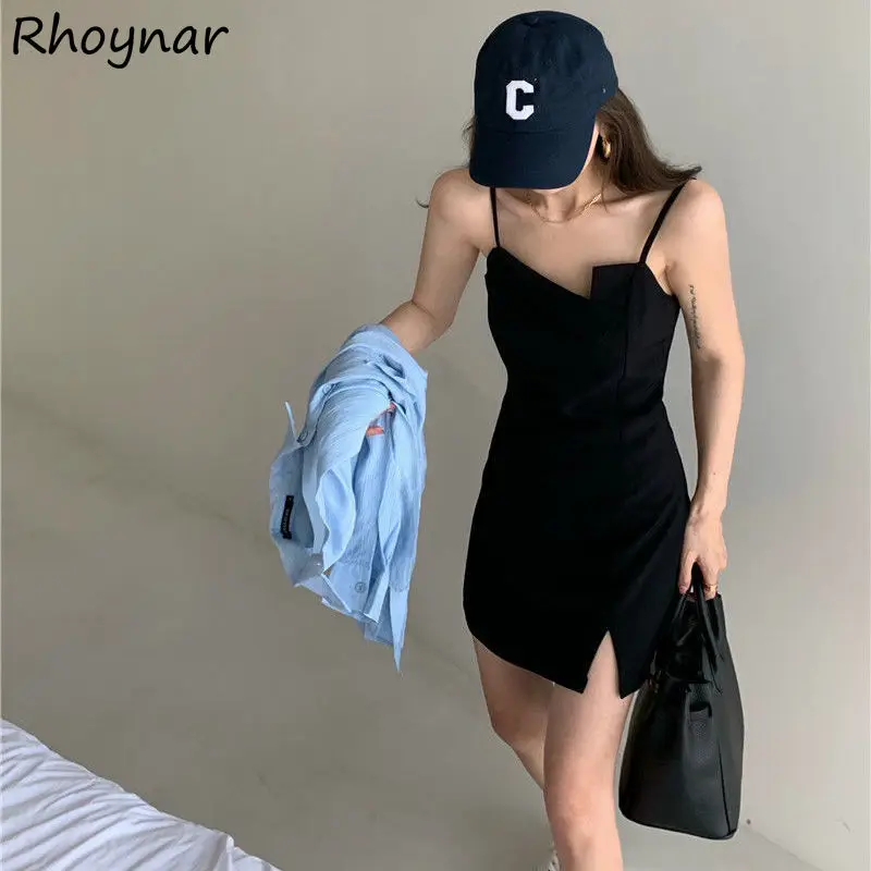 

Sleeveless Dress Women Sexy Ladies Asymmetrical Sheath Streetwear Design Mini Female Ulzzang Chic Spaghetti Strap Solid Ins New