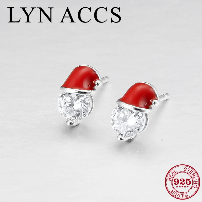 

Charming Zircon Crystal Earrings 925 Sterling Silver red enamel Christmas hat DIY for women Stud Earrings luxury Fine Jewelry