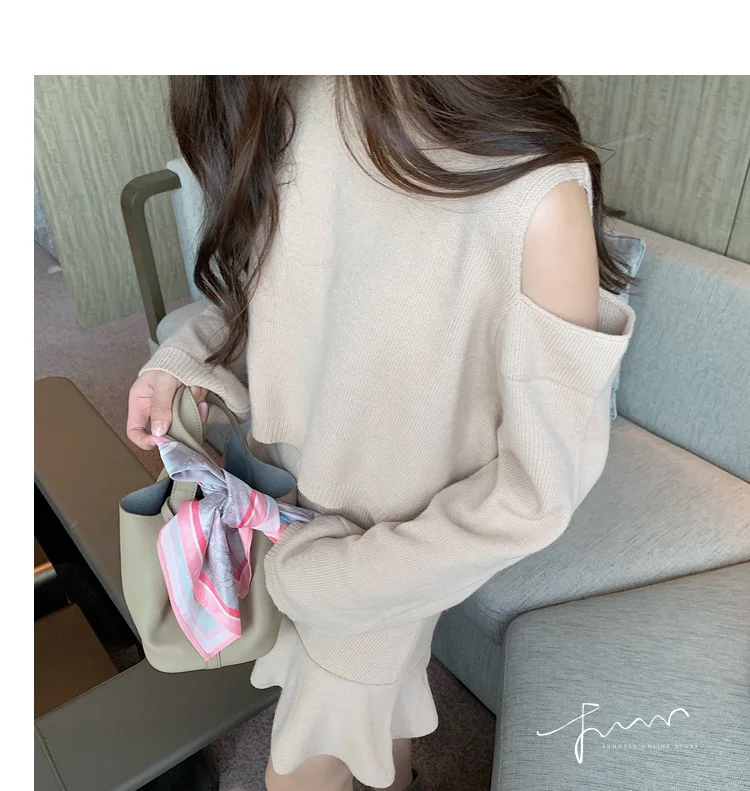 Autumn Elegant Ladies Women Fashion Loose Sexy Hollow Out Off Shoulder Pullovers Sweater+Mini mermaid Skirt Suits