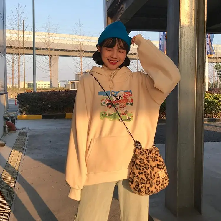 3 цвета, Новая зимняя Женская Толстовка Harajuku Kawaii, теплый кашемировый пуловер с Минни Маус, топы с милым мультяшным принтом, толстовки с капюшоном - Цвет: Синий