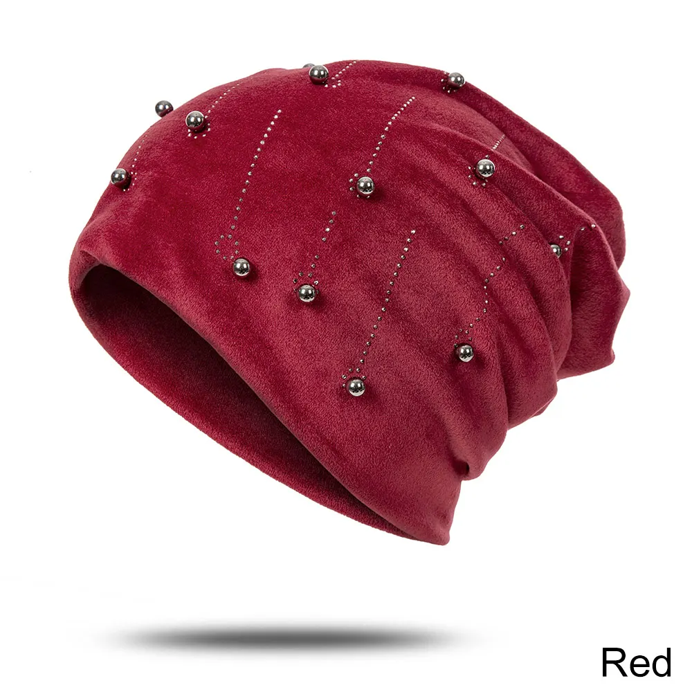 Winter Woman Hat Suede Soft beanie Hat for Women Solid Color Pearl Fashion Winter Warm Hat - Цвет: A