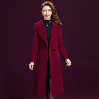 

Plus size Autumn Winter Long Embroidery Woolen Coat Women High Quality Jacket Coats Female Solid Blends Wool Jacket Overcoat 5XL
