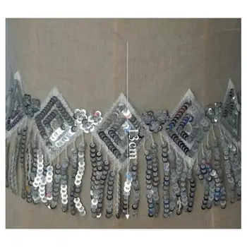 

4meters/lot x New Fashion Silver/White Sequins Embroidery Lace Fabrics Trimmings Tassel Fringe Dancing Dress Costume DECOR SL11A