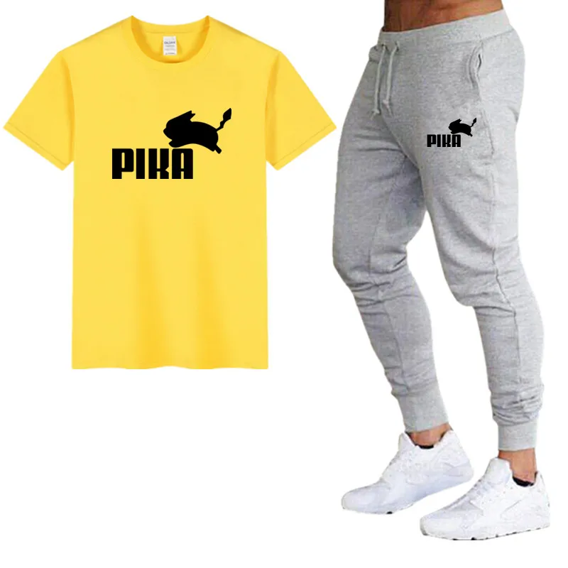 8yellow gray Летние популярные мужские комплекты новые футболки с принтом пика+ штаны комплекты из двух предметов Повседневный Спортивный костюм Мужская Повседневная футболка тренажерные залы Фитнес Брюки - Цвет: 8yellow gray