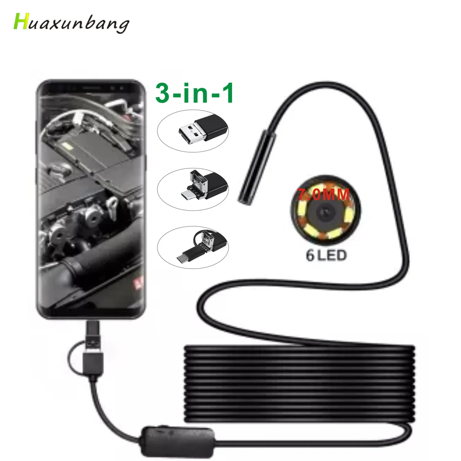 Cámara endoscópica 3 en 1 de 7,0mm endoscopio HD USB tipo C con 6 LED 1/2/3.5/5M Cable boroscopio de inspección impermeable