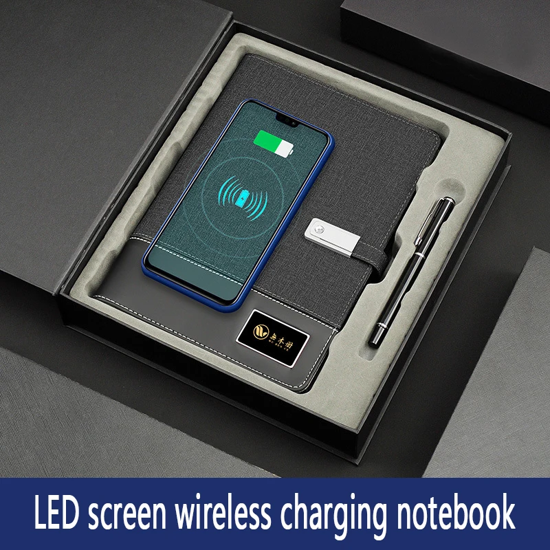 

Business meeting notebook led light logo wireless charging loose-leaf notebook set Replaceable paper core binder