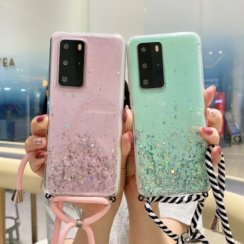 Necklace Lanyard Case For Huawei P Smart 2019 Y9 Y7 Y6 Y5 Y7P Y6P Y5P Nova 7 6 SE 5i Pro 5 3 3i Cover Sparkle Glitter | Мобильные