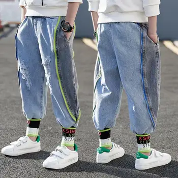 

Boy's stylish side color zipper jeans new mid - sized spring - autumn trousers with corseted feet and thread