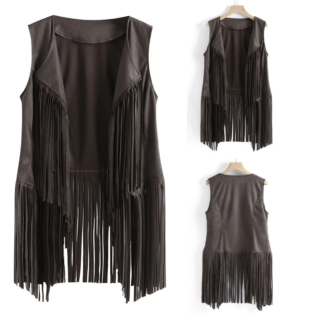 Women Autumn Winter Suede Ethnic Sleeveless Tassels Fringed Vest Cardigan