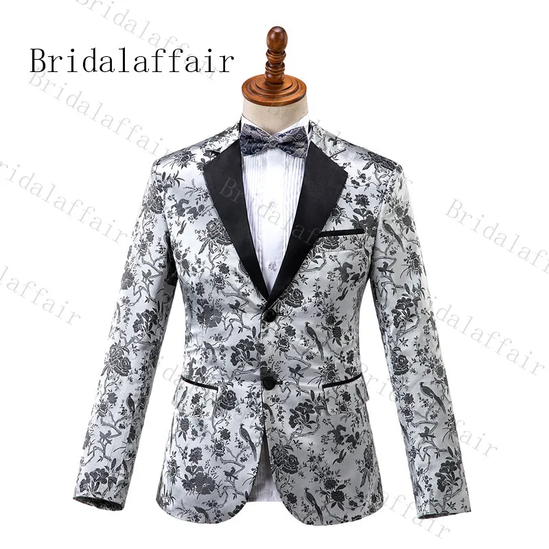 Костюм Bridalaffair Homme, серебристо-серый Magie and flower, мужские костюмы Terno Masculino, смокинг для выпускного, вечерние костюмы с цветочным рисунком, 3 предмета