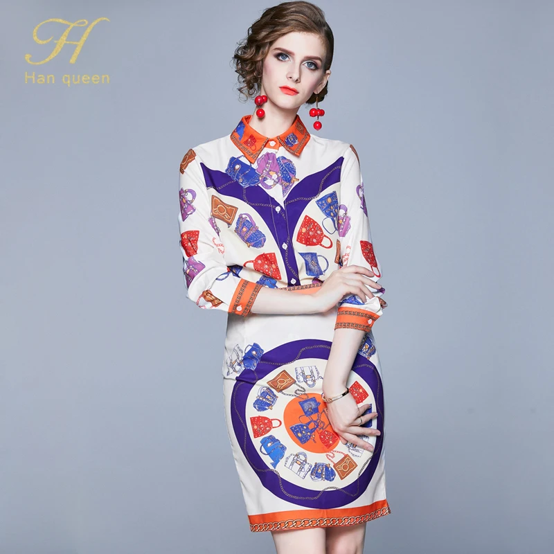 H Han queen OL, комплект из 2 предметов, Женская Осенняя шифоновая рубашка с длинными рукавами и узкое облегающее платье с принтом, юбка, юбка офисная одежда