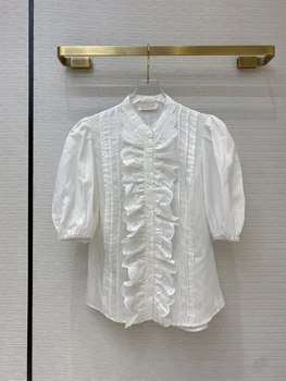 

Summer Blouses 2020 New Women Positioning Pleated Embroidered Shirt French Puff Sleeve Flannel Lace Linen Shirts