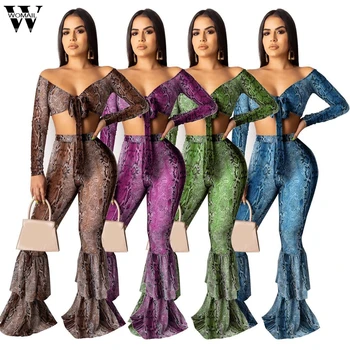 

Womail tracksuit Women 2019 Sexy Two-Piece Set long Sleeve Snake Print Slim Crop Top+Wide Leg Pant Suit Fall holiday streetwear