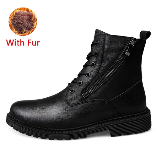 BlackwithFur JUNJARM; модные мужские ботинки; высококачественные зимние ботильоны из натуральной кожи; теплая зимняя обувь на меху с плюшевой подкладкой на шнуровке; размеры 38-47 - Цвет: BlackwithFur