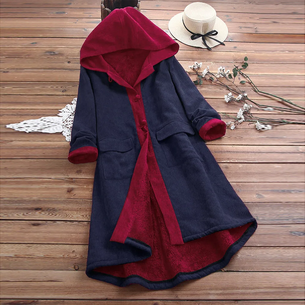 Jaycosin Fashion Women Casual Winter Vintage Patch Hooded Coat Stylish Long Sleeve Comfortable Fleece Corduroy Long Coat 30#4