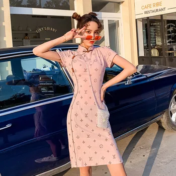 

Flower Pink Cotton Linen Mandarin Collar Chinese Qipao Women Sexy High Split Prom Party Dress Vestidso Elegant Short Cheongsam